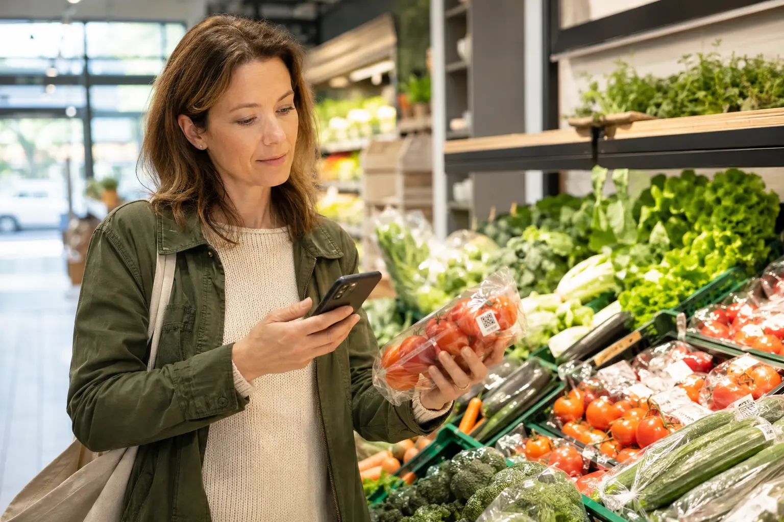 Mother checking the QR code on a pack of tomatoes in a supermarket